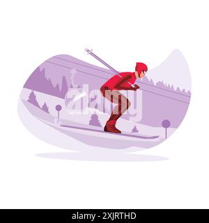 Young ski athletes train seriously in the Alps snow for a ski competition. Trend Modern vector flat illustration. Stock Vector