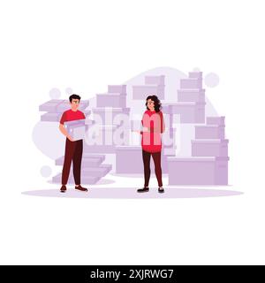 Female warehouse manager giving information on the laptop to warehouse employee carrying package boxes. The warehouse is full of cardboard packages an Stock Vector