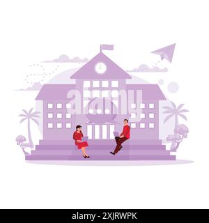 Two students sat and worked on assignments on laptops in front of the university's main building. Trend Modern vector flat illustration. Stock Vector