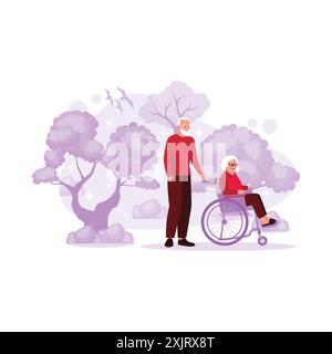 The elderly couple is together in the park, and the grandfather pushes grandma's wheelchair. Trend Modern vector flat illustration. Stock Vector