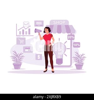 Female retail entrepreneur talking on loudspeaker, announcing discounts, and having a bright idea. Trend Modern vector flat illustration. Stock Vector