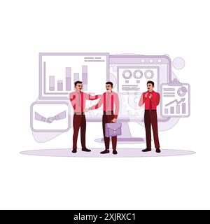 Two young businessmen shaking hands over a business deal and an employee applauding. Background of business diagrams, charts, and statistics. Trend Mo Stock Vector