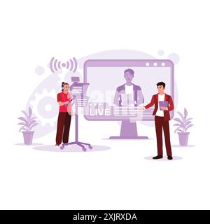 News anchors appear confidently on television shows and are partnered with by camera operators. Trend Modern vector flat illustration. Stock Vector