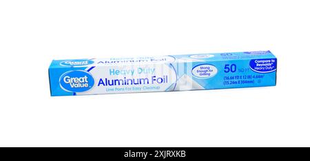 Great Value heavy duty aluminum foil. Line pans for easy cleanup in the kitchen. long rectangular cardboard box,  isolated on white background Stock Photo
