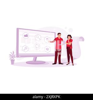IT expert holding a laptop and explaining the system to a female server technician in the data center room. Trend Modern vector flat illustration. Stock Vector