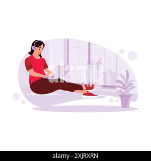 Female blogger sitting by the window in an apartment listening to music through headphones and writing on a laptop, viewing tall buildings in the city Stock Vector