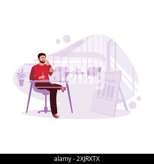 Bearded male freelancer, sitting in a cafe, working on business graphs on a laptop. Trend Modern vector flat illustration. Stock Vector