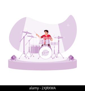 The band drummer trains hard for a concert in a music studio. Trend Modern vector flat illustration. Stock Vector