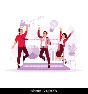 The group of creative young people jumping and having fun, celebrating the success of a creative idea and carrying a trophy. Trend Modern vector flat Stock Vector