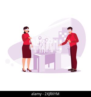 Two young architects were working professionally with 3D models and using special glasses. Trend Modern vector flat illustration. Stock Vector