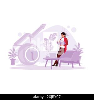 Female college students focused on studying and writing essential things in a notebook, with a laptop and hot coffee on a table in a cafe. Trend Moder Stock Vector