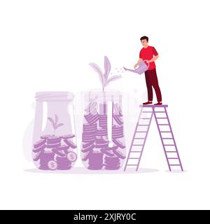 The young man is standing at the top of the stairs and watering coins in a glass jar. The concept of investing money with a deposit. Trend Modern vect Stock Vector