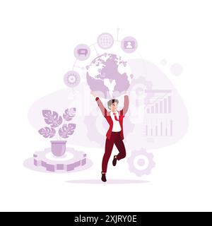 Young businessman with public relations and marketing advertising, and global communication concepts. Trend Modern vector flat illustration. Stock Vector