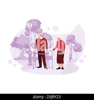 Portrait of a happy elderly couple chatting and walking together in the park using a walker. Trend Modern vector flat illustration. Stock Vector