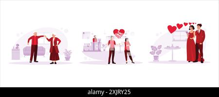 Elderly couple dancing together. A pair of lovers argued in a restaurant. Young couple in love looking at mobile phone. Trend modern vector flat illus Stock Vector