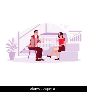 Two work partners casually chat near the office stairs. Discussing significant corporate chart increases. Trend Modern vector flat illustration. Stock Vector