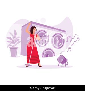 The female solo singer wearing a beautiful dress sings confidently on stage. Trend Modern vector flat illustration. Stock Vector