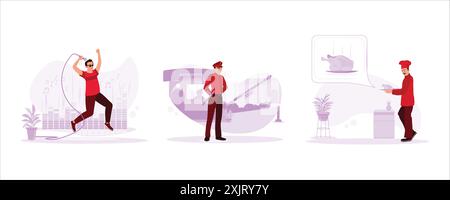 The professional singer sings a song happily. Security officers stood firm in front of the security post. A chef ready to serve the results of his coo Stock Vector