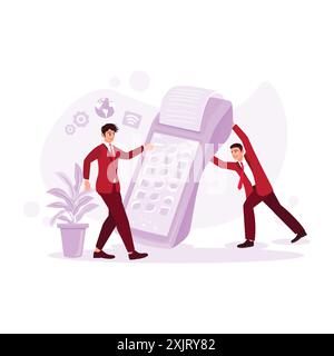 The payment process uses modern NFC technology, using smartphones and servers to give card reader machines to customers. Trend Modern vector flat illu Stock Vector