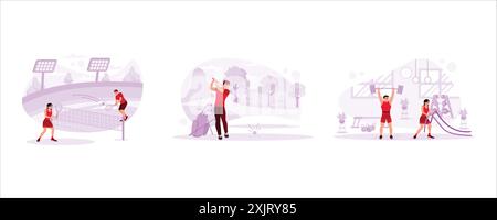 Two tennis players are exercising seriously on the tennis court. Professional golf player ready to score points with his golf club. In the fitness cen Stock Vector