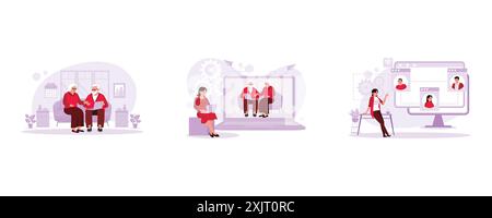 An elderly couple sat together on the sofa, watching a funny video. Young women are sitting and communicating with grandparents via video call. View o Stock Vector