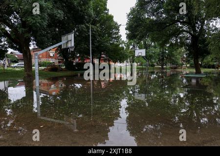 Zagreb, Croatia. 20th July, 2024. Flooded basketball court is seen after summer storm passed in Zagreb, Croatia on July 20, 2024. Photo: Igor Kralj/PIXSELL Credit: Pixsell/Alamy Live News Stock Photo