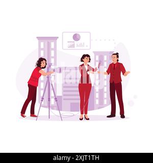 Interview of an intelligent businessman by journalists and camera operators in front of the building. Trend Modern vector flat illustration. Stock Vector