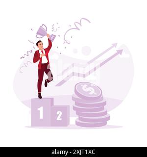 Businessman man jumping and carrying trophies, celebrating success to be champion. Trend Modern vector flat illustration. Stock Vector