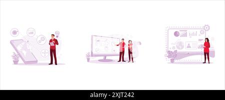 Man in tie accessing global business with the tablet. IT expert and server technician are working together in the data center room. Female executive a Stock Vector