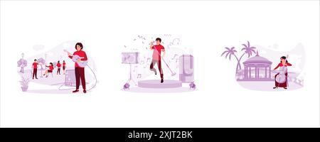 Street musician playing electric acoustic guitar in the park. The male soloist sings with confidence. The cellist performed beautifully. Trend Modern Stock Vector