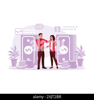 A man in a tie and a woman shake hands and trade some money. Trend Modern vector flat illustration. Stock Vector