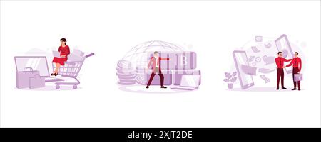Women are sitting on trolleys and shopping online. Businessman pressing bitcoin symbol and icon. Two business colleagues transacting and shaking hands Stock Vector