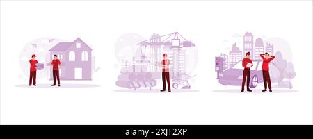 The delivery courier hands over the cardboard package to the recipient. Young engineer working on a construction project. Police record traffic violat Stock Vector