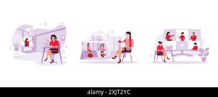 Female students look interested in studying through video calls. Businesswoman virtual meeting with colleagues. Female students hold meetings through Stock Vector