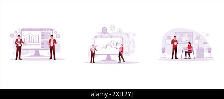 Two stock investors are looking at a bullish chart in the stock market. Two business analysts are doing data research, financials, graphs, and charts. Stock Vector