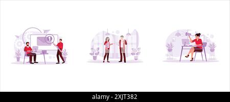 Two male workers are working together in the office and checking incoming e-mails. Man and woman office colleagues discussing together a new project. Stock Vector