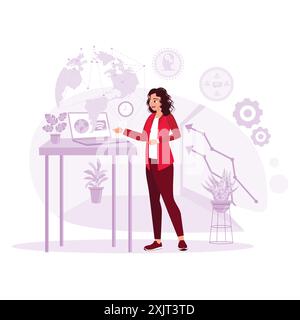 Young woman working on the laptop with futuristic network and planet hologram. Trend Modern vector flat illustration. Stock Vector