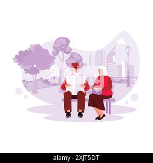 Portrait of an elderly couple sitting together on a park bench, chatting and reading a newspaper. Trend Modern vector flat illustration. Stock Vector