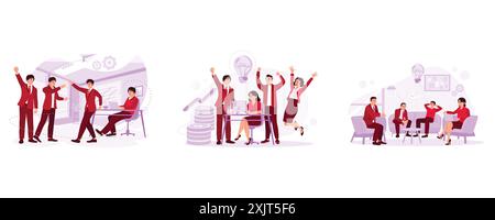 Business teams get together and celebrate project success. The creative team gets together and celebrates victory. Groups of young people get together Stock Vector