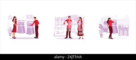Young woman shopping in a boutique with the help of a male salesperson. Two workers data goods in the warehouse. The boutique owner was standing and t Stock Vector