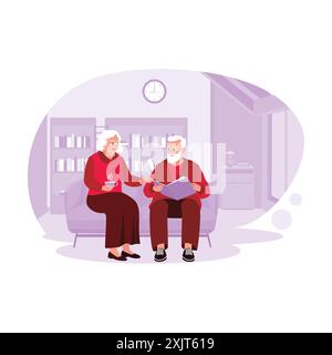 Elderly couple sitting together on the living room sofa, enjoying a relaxing time looking at album photos. Trend Modern vector flat illustration. Stock Vector