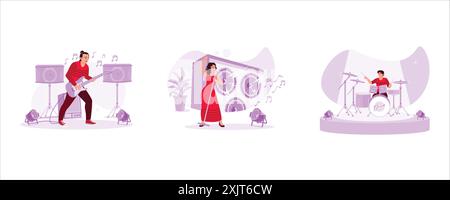 The guitarist plays stunningly on stage. Female singer in a dress singing melodiously. The band drummer is practicing seriously for the concert. Trend Stock Vector