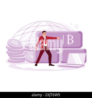 Young businessman pressing bitcoin icon and symbol. Finance, crypto, and online transaction concept. Trend Modern vector flat illustration. Stock Vector
