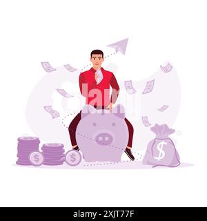 The man sitting on a piggy bank with a pile of coins and notes in hand. Trend Modern vector flat illustration. Stock Vector