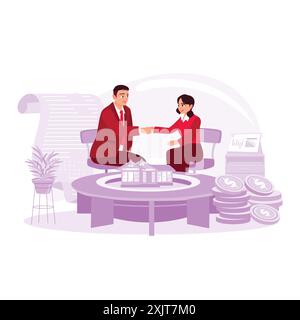 Real estate agent and client shake hands and sign a buy and sell contract. Trend Modern vector flat illustration. Stock Vector