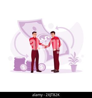 Two men agree and transact money face to face. Finance and transaction concept. Trend Modern vector flat illustration. Stock Vector