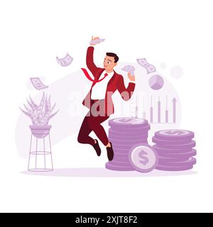 Portrait of a young man jumping happily, holding many banknotes and some stacks of coins. Trend Modern vector flat illustration. Stock Vector