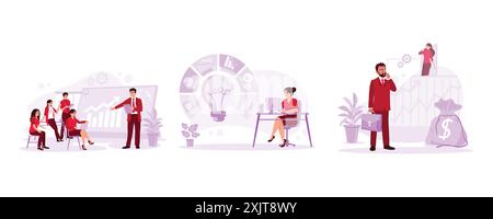 Young boss explaining to subordinates. Female workers are managing company data. Young business people conduct business communication via cell phones. Stock Vector