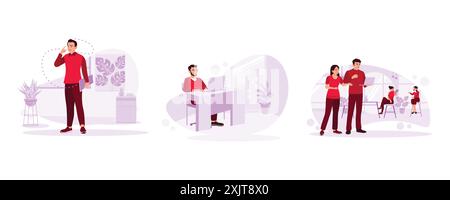Man pointing head. Male employees work professionally. Colleagues were discussing work in the room. Trend modern vector flat illustration. Stock Vector