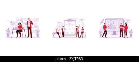 Young boss talking about the project with the employee. Young business people gather and celebrate successful business agreements. Business creative t Stock Vector